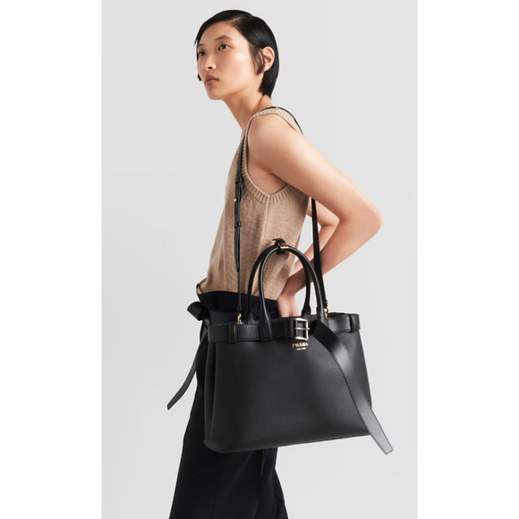 $6100 NEW PRADA LARGE BLACK LEATHER BUCKLE SHOULDER TOTE BAG AUTHENTIC - Picture 4 of 16